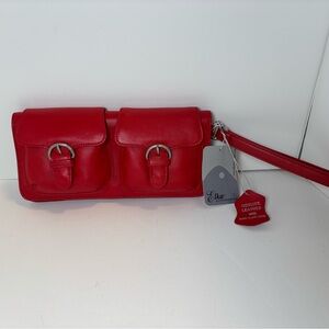 Red leather clutch bag with silver buckle detail and wrist loop by Elka  NWT